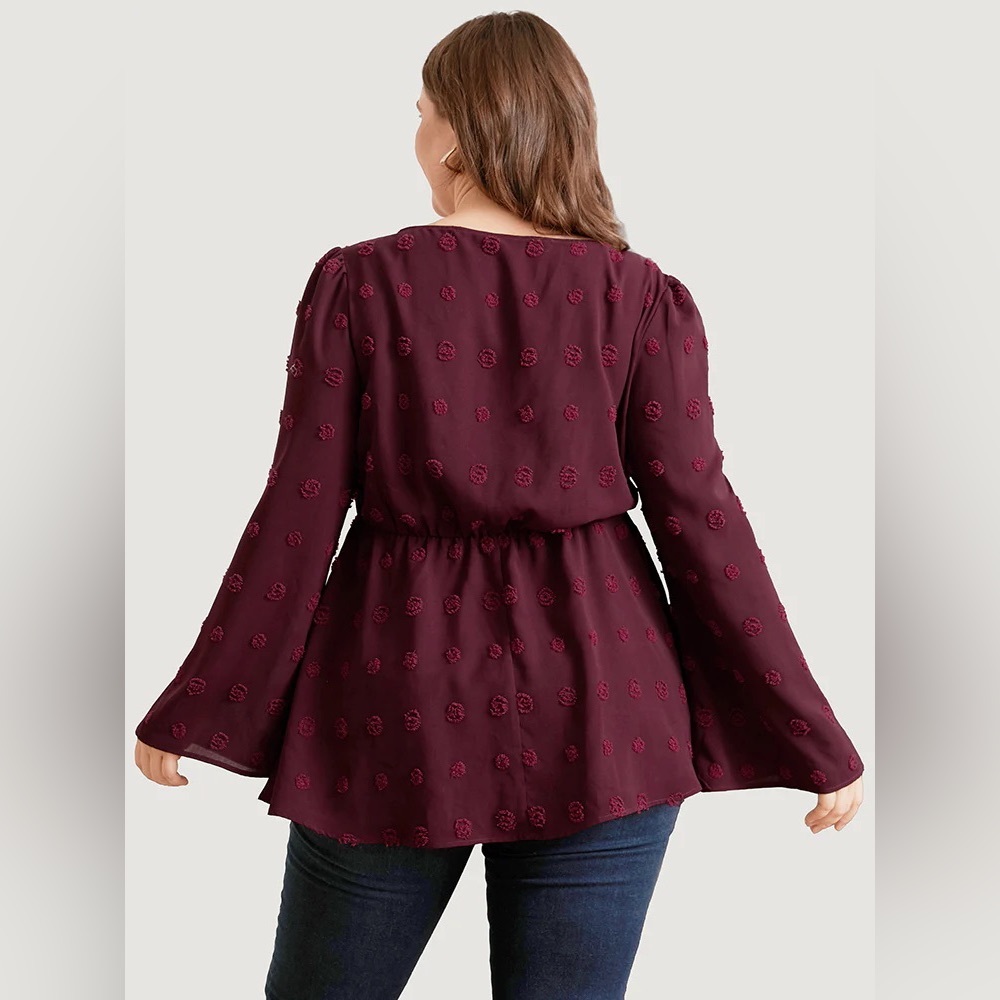 Polka Dot Bell Sleeve Button Detail Flutter Blouse -2XL